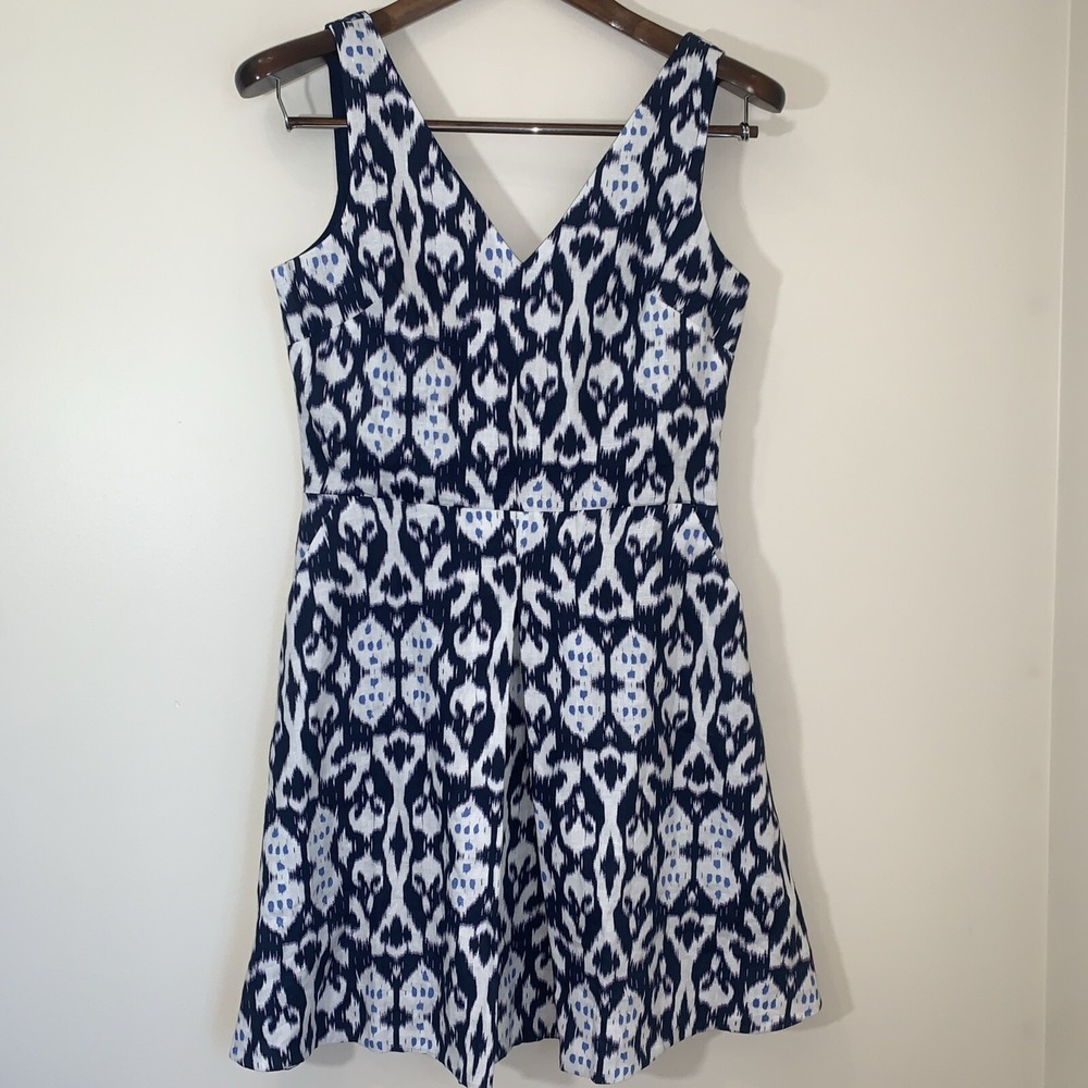 Gap Womens Linen Mini Dress‎ 4 A Line Blue Ikat Print Light Weight Beachy Boho